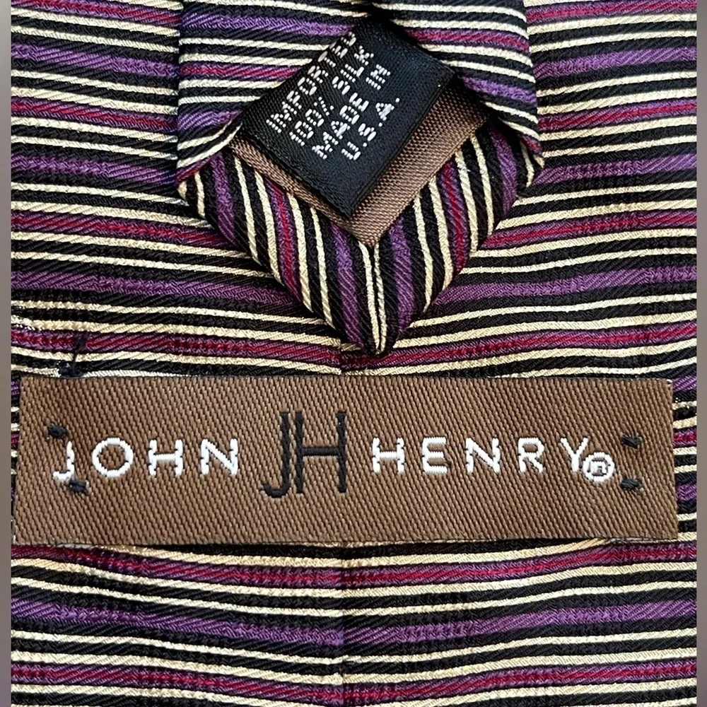 💜🩷JOHN HENRY Striped Black, Purple, Pink and Tan Men’s Tie. Pure Silk.